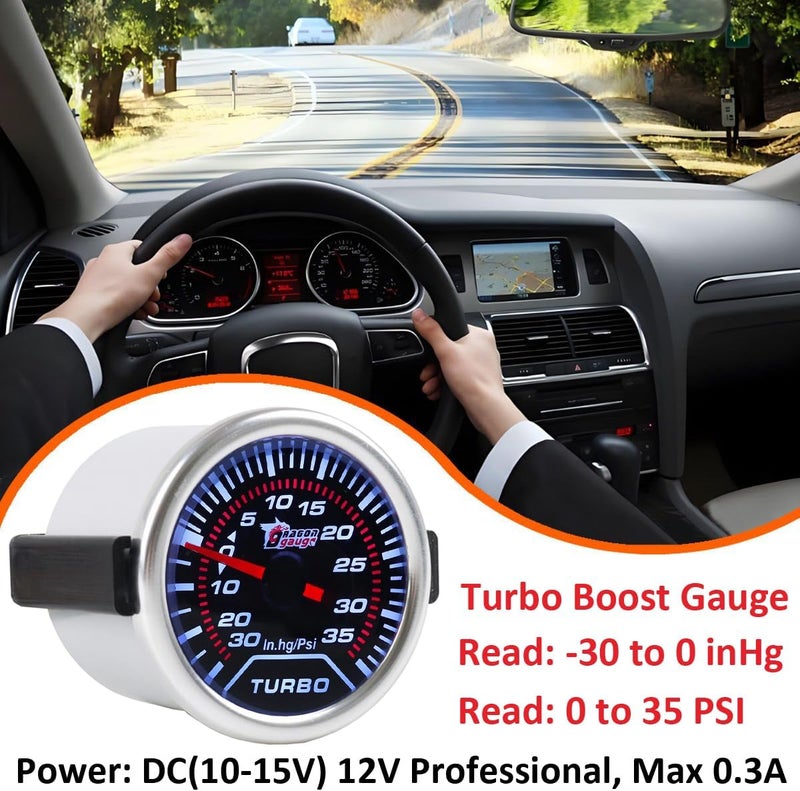 LKRXW Car Boost Gauge 2" 52mm Auto Turbo Boost Gauge Meter Pressure Pointer Gauges 12V Bright Light Indicator Vacuum Meter Smoke Len 0-30in.Hg / 0-35PSI - Image 4